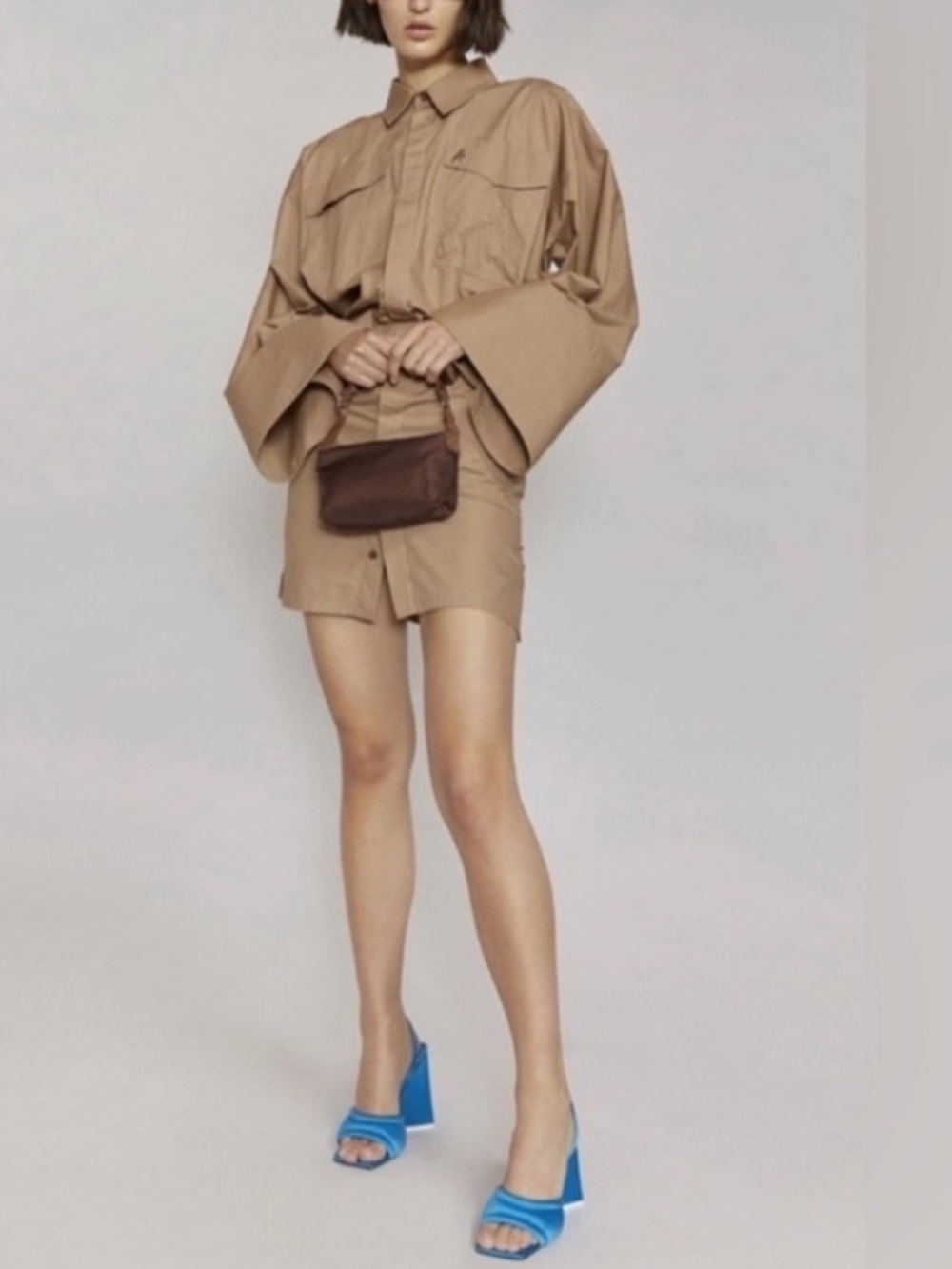 The Attico "Dakota" Brown Utility Mini Dress with Wide Sleeves